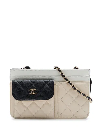 Pre-owned Chanel 2019 Cc Tricolor Quilted Goatskin Multi Pocket Wallet On Chain Crossbody Bag In Brown