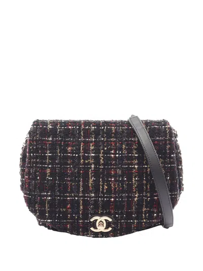 Pre-owned Chanel 2019 Cc Tweed Chain Around Saddle Flap Crossbody Bag In Black