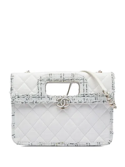 Pre-owned Chanel 2019 Cc Tweed Trimmed Quilted Aged Calfskin Cutout Handle Bag Satchel In White