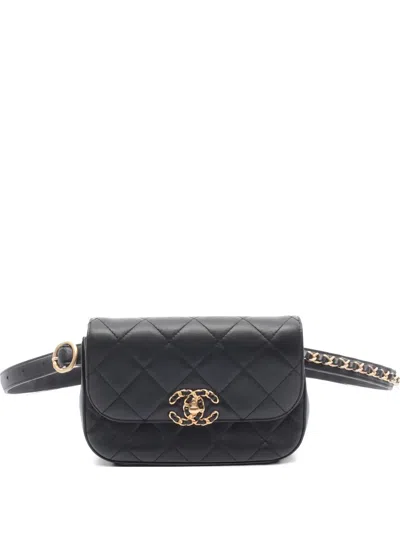Pre-owned Chanel 2019 19 Quilted Leather Belt Bag In Black