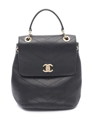 Pre-owned Chanel 2019 Chevron Calfskin Backpack In Black