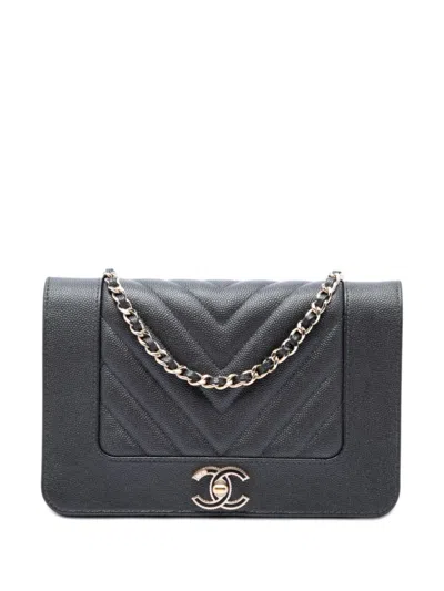 Pre-owned Chanel 2019 Chevron Caviar Mademoiselle Wallet On Chain Crossbody Bag In Black