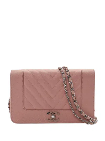 Pre-owned Chanel 2019 Chevron Caviar Mademoiselle Wallet On Chain Crossbody Bag In Pink