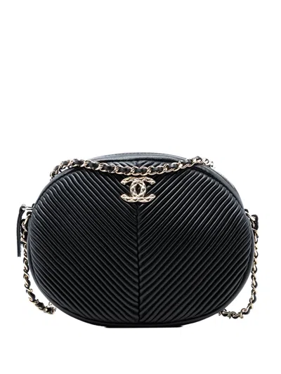 Pre-owned Chanel 2019 Chevron Lambskin Pleated Oval Camera Bag Crossbody Bag In Black