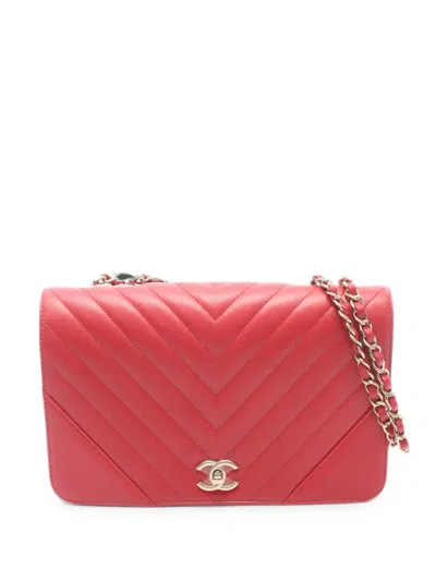 Pre-owned Chanel 2019 Chevron V-stitch Flap Shoulder Bag In Red