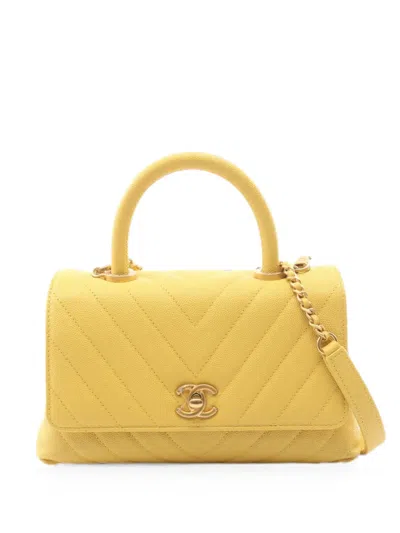 Pre-owned Chanel 2019 Coco Handle V-stitch Tote Bag In Yellow