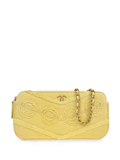 Pre-owned Chanel 2019 Denim Coco Fringe Double-zip Clutch In Yellow