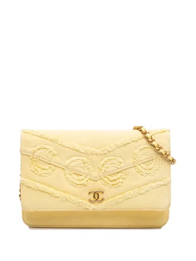 Pre-owned Chanel 2019 Denim Fringe Coco Wallet On Chain Crossbody Bag In Yellow