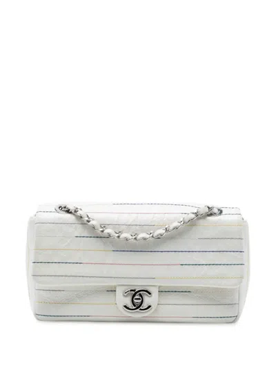 Pre-owned Chanel 2019 Distressed Calfskin Straight Line Stitch Flap Crossbody Bag In White