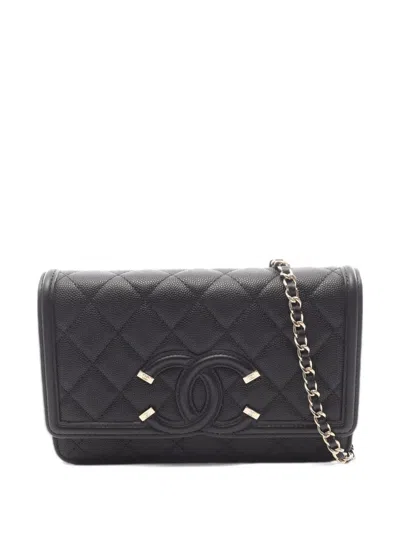 Pre-owned Chanel 2019 Filigree Matelassé Wallet-on-chain Bag In Black