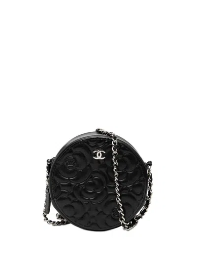 Pre-owned Chanel 2019 Goatskin Camellia Round Clutch With Chain Crossbody Bag In Black