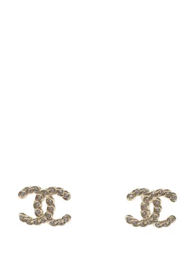 Pre-owned Chanel 2019 Gold Plated Cc Crystal Push Back Earrings Costume Earrings