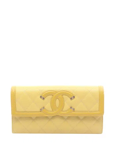 Pre-owned Chanel 2019 Grained Calfskin Cc Filigree Wallet Long Wallets In Yellow