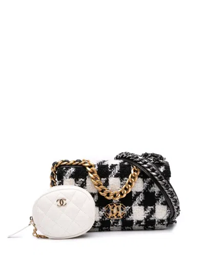 Pre-owned Chanel 2019 Houndstooth Tweed 19 Wallet On Chain Satchel In Black