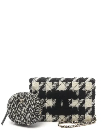 Pre-owned Chanel 2019 Houndstooth Tweed Shoulder Bag In Black