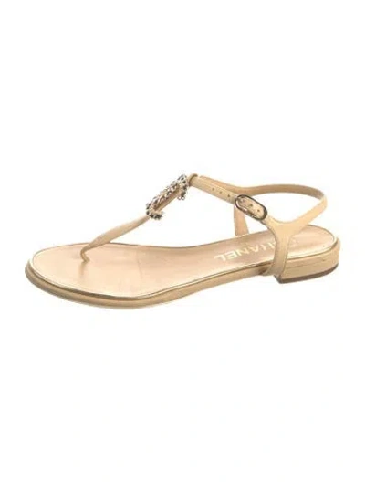 Pre-owned Chanel 2019 Interlocking Cc Logo T-strap Sandals In Gold