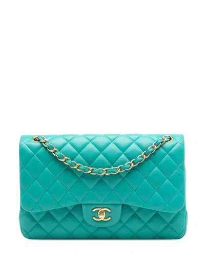 Pre-owned Chanel 2019 Jumbo Classic Lambskin Double Flap Shoulder Bag In Green