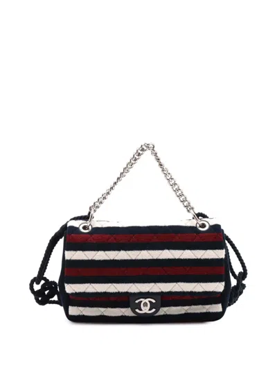 Pre-owned Chanel 2019 Jumbo Stripe Jersey Felt And Rope Flap Satchel In Blue