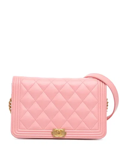 Pre-owned Chanel 2019 Lambskin Boy Wallet On Chain Crossbody Bag In Pink
