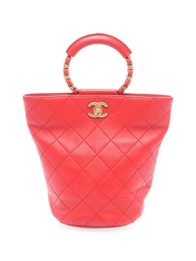 Pre-owned Chanel 2019 Lambskin Loop Handle Bucket Backpack In Red