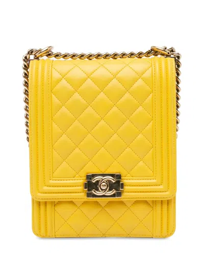 Pre-owned Chanel 2019 Lambskin North South Boy Flap Crossbody Bag In Yellow