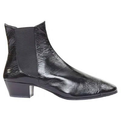 Pre-owned Chanel 2019 Lami Fantasy Black Crinkled Calfskin Gold Cc Chelsea Boots Eu39.5