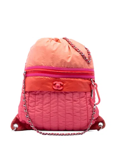 Pre-owned Chanel 2019 Large Cc Multicolor Vertical Quilted Nylon Coco Neige Convertible Backpack In Pink