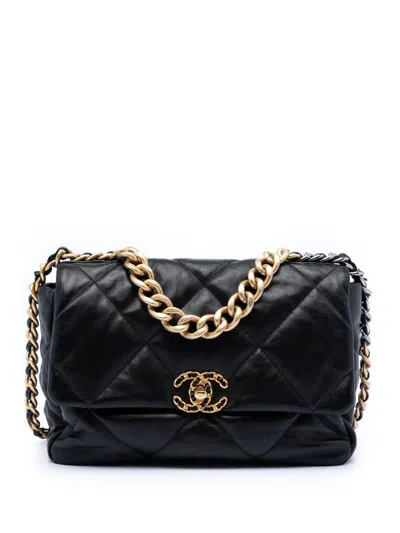 Pre-owned Chanel 2019 Large Lambskin 19 Flap Satchel In Black
