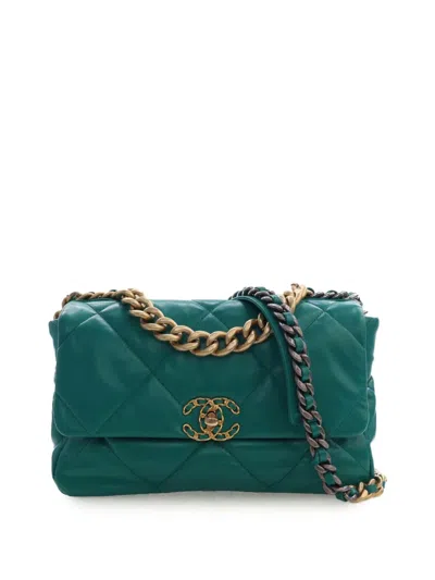 Pre-owned Chanel 2019 Large Lambskin 19 Flap Satchel In Green