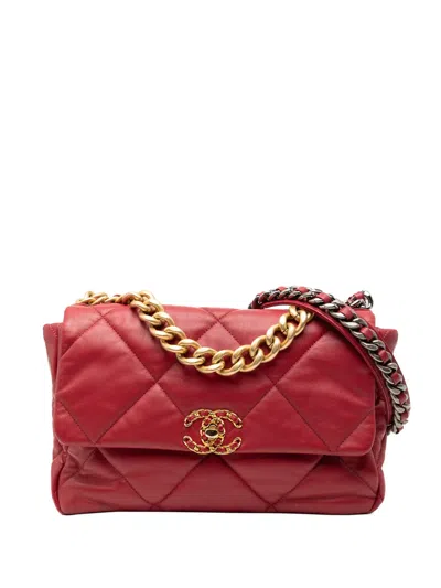 Pre-owned Chanel 2019 Large Lambskin 19 Flap Satchel In Red