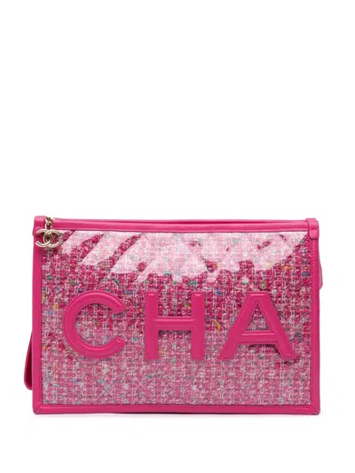 Pre-owned Chanel 2019 Large Tweed Pvc Logo Wristlet Pouch Clutch Bag