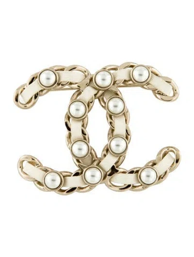 Pre-owned Chanel 2019 Leather & Faux Pearl Cc Pin Brooch In Multi
