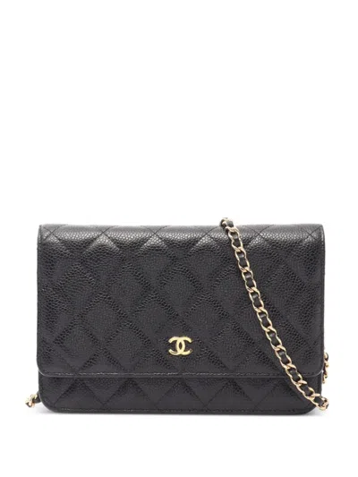 Pre-owned Chanel 2019 Matelassé Caviar Chain Wallet Bag In Black
