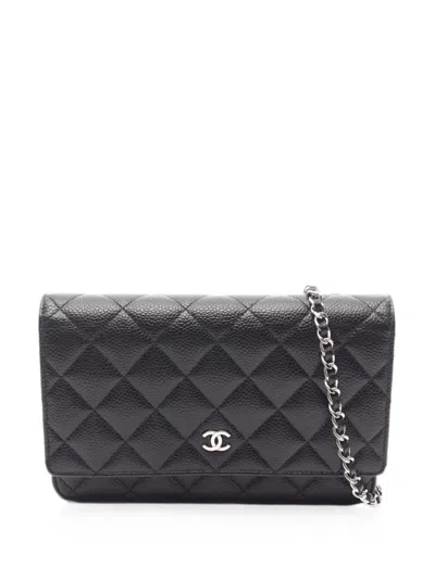 Pre-owned Chanel 2019 Matelassé Caviar Chain Wallet In Black