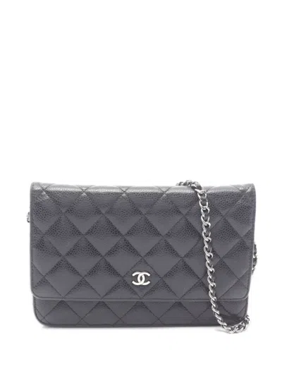 Pre-owned Chanel 2019 Matelassé Caviar Skin Wallet On Chain In Black
