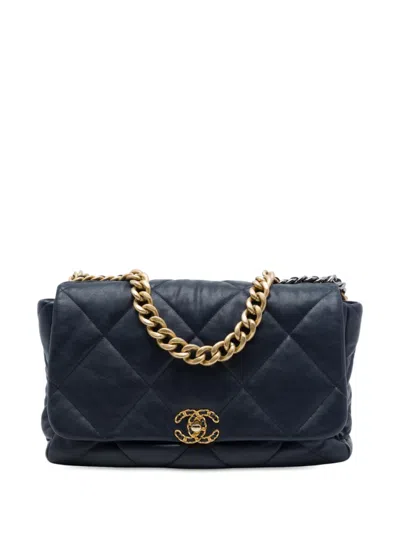 Pre-owned Chanel 2019 Maxi Lambskin 19 Flap Satchel In Blue