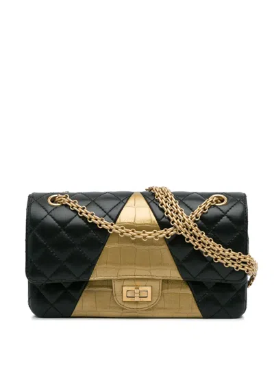 Pre-owned Chanel 2019  Medium Croc Embossed Lambskin 2.55 Reissue Double Flap Bag In Black