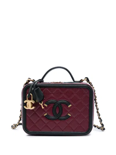Pre-owned Chanel 2019 Medium Bicolor Caviar Cc Filigree Vanity Case Satchel In Red