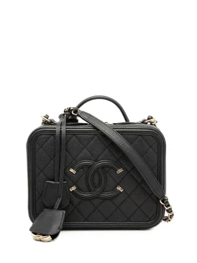 Pre-owned Chanel 2019 Medium Caviar Cc Filigree Vanity Case Satchel In Black