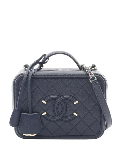 Pre-owned Chanel 2019 Medium Caviar Cc Filigree Vanity Case Satchel In Blue