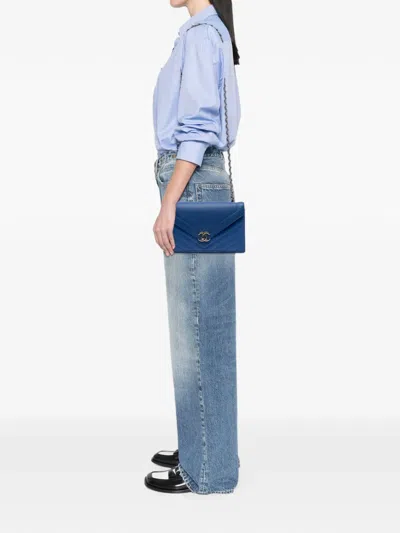 Pre-owned Chanel 2019 Medium Cc Chevron Calfskin Envelope Flap Crossbody Bag In Blue
