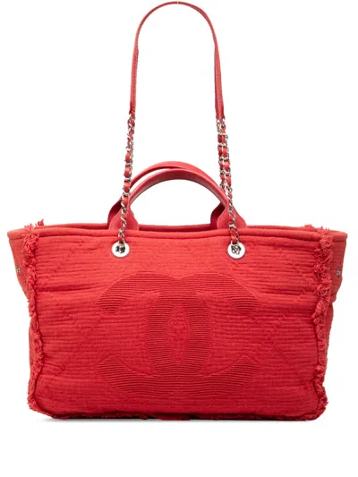 Pre-owned Chanel 2019 Medium Cc Quilted Canvas Double Face Deauville Tote Satchel In Red
