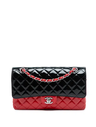 Pre-owned Chanel 2019 Medium Classic Bicolor Patent Double Flap Shoulder Bag In Black