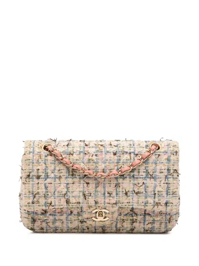 Pre-owned Chanel 2019 Medium Classic Boucle Tweed Double Flap Shoulder Bag In Pink