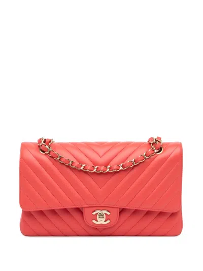 Pre-owned Chanel 2019 Medium Classic Chevron Lambskin Double Flap Shoulder Bag In Red