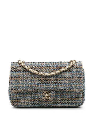 Pre-owned Chanel 2019 Medium Classic Multicolor Tweed Double Flap Shoulder Bag In White