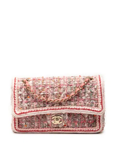 Pre-owned Chanel 2019 Medium Classic Quilted Tweed Braided Double Flap Shoulder Bag In Pink