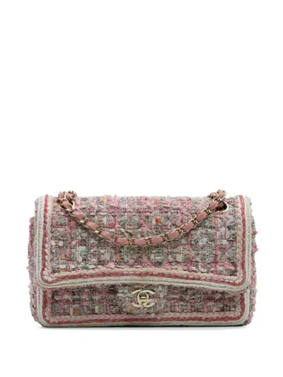 Pre-owned Chanel 2019 Medium Classic Quilted Tweed Braided Double Flap Shoulder Bag In Pink