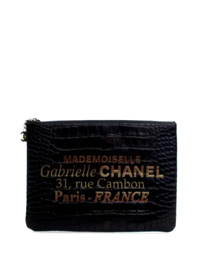 Pre-owned Chanel 2019 Medium Croc Embossed Calfskin Mademoiselle Gabrielle Signature Pouch Clutch Bag In Black