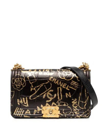 Pre-owned Chanel 2019 Medium Croc Embossed Leather Graffiti Cocodile Boy Flap Shoulder Bag In Black